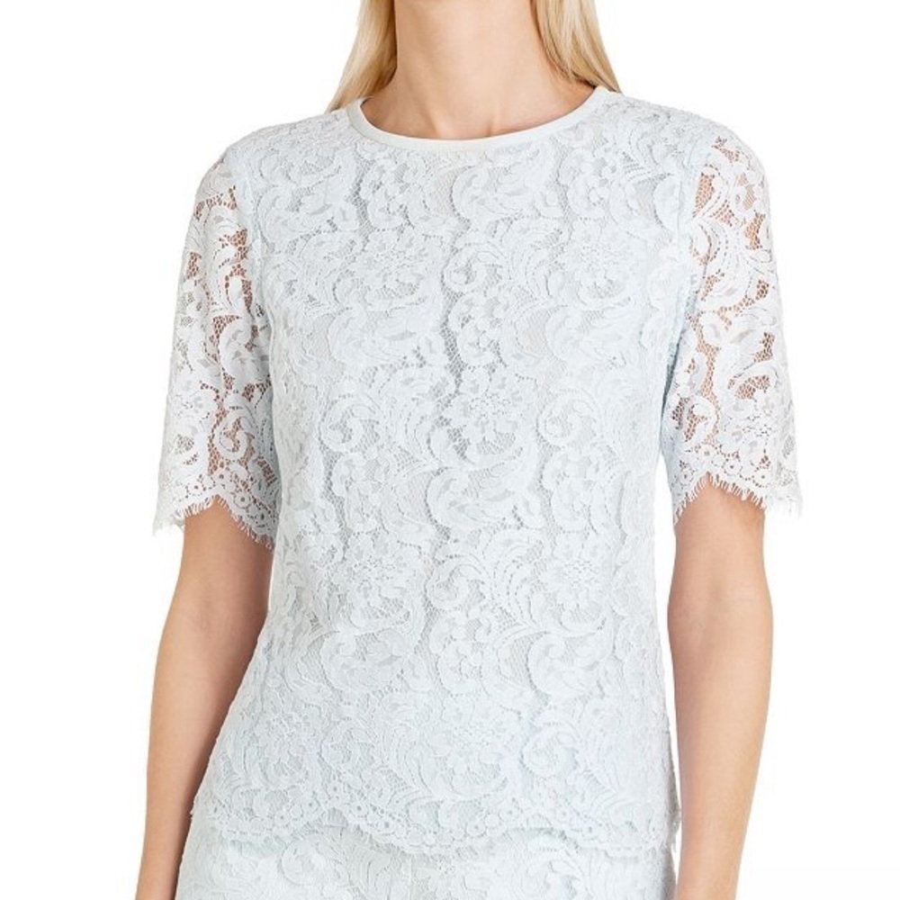 Ted Baker Allina Lace Short Sleeve Top Sugar Blue Scallop Hem Size 0, 2 US Women